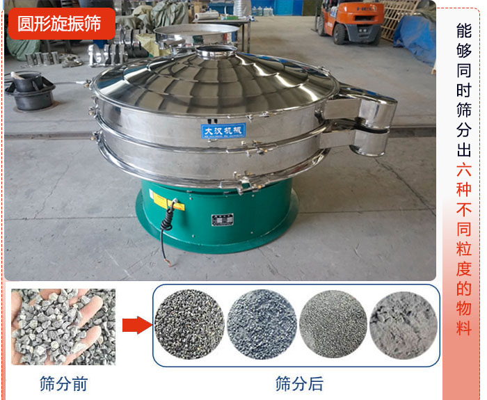 圓形旋振篩能夠同時篩出6種不同顆粒的物料。