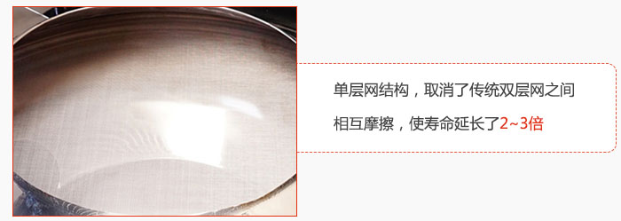 單層網(wǎng)結(jié)構(gòu)，取消了傳統(tǒng)雙層網(wǎng)之間相互摩擦，使壽命延長(zhǎng)了2~3倍
