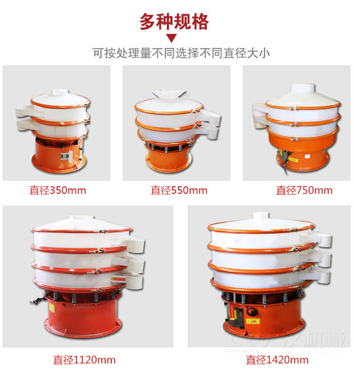 塑料振動篩不同篩分直徑進(jìn)行展示：350，550，750，1120，1420等。