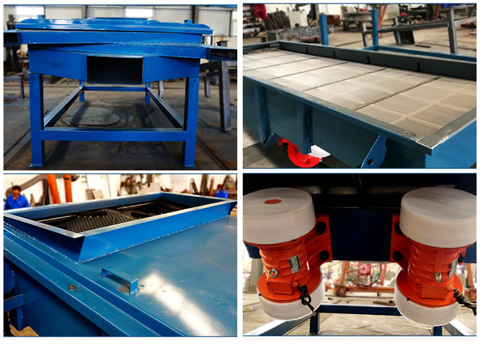 方形振動(dòng)篩出料口，篩網(wǎng)和網(wǎng)架，進(jìn)料口，振動(dòng)電機(jī)等細(xì)節(jié)展示。