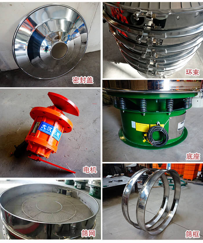 部件包括：密封蓋，環(huán)束，電機(jī)，底座，篩網(wǎng)，篩框等。