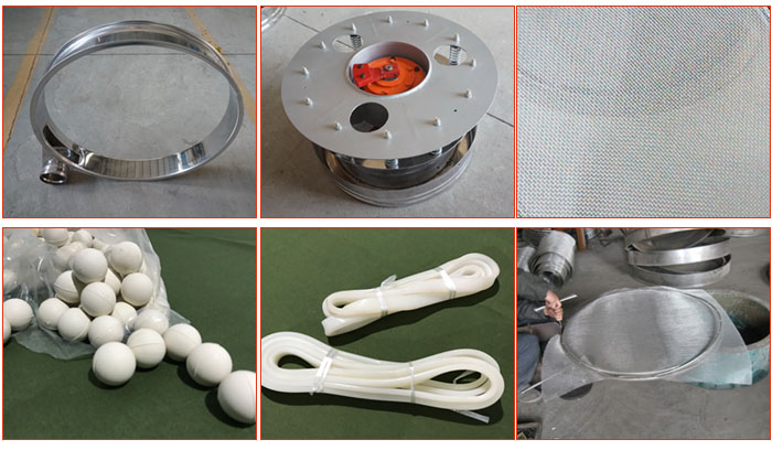 800型全不銹鋼振動(dòng)篩配件有：振動(dòng)篩篩框，電機(jī)，不銹鋼篩網(wǎng)等。