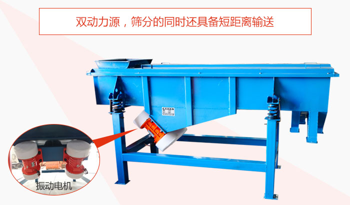方形振動(dòng)篩雙動(dòng)力源，篩分的同時(shí)還具備短距離輸送。