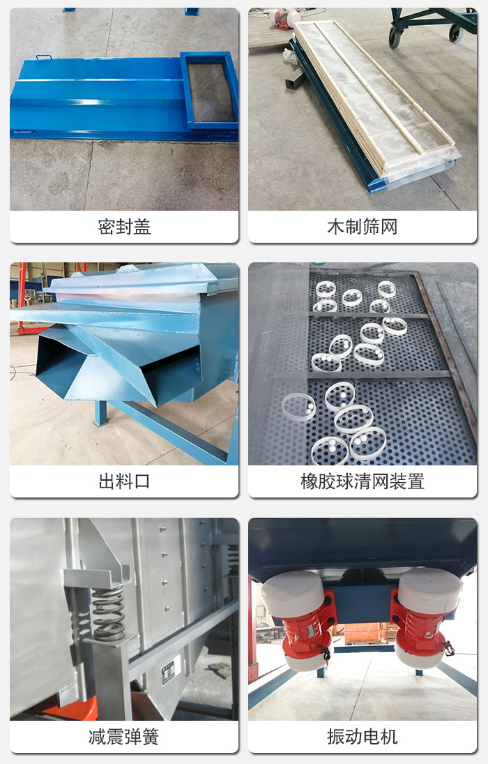 直線篩結(jié)構(gòu)展示：篩網(wǎng)，篩箱，振動(dòng)電機(jī)，振動(dòng)電機(jī)座，減震彈簧，支架等部件展示圖