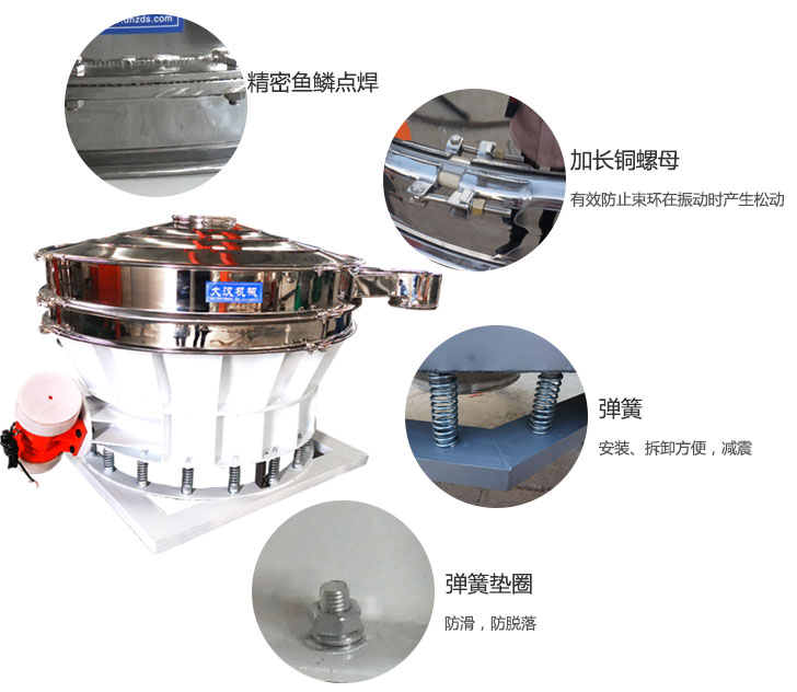 1500直排篩細節(jié)展示：彈簧，彈簧墊圈，加長銅螺母。