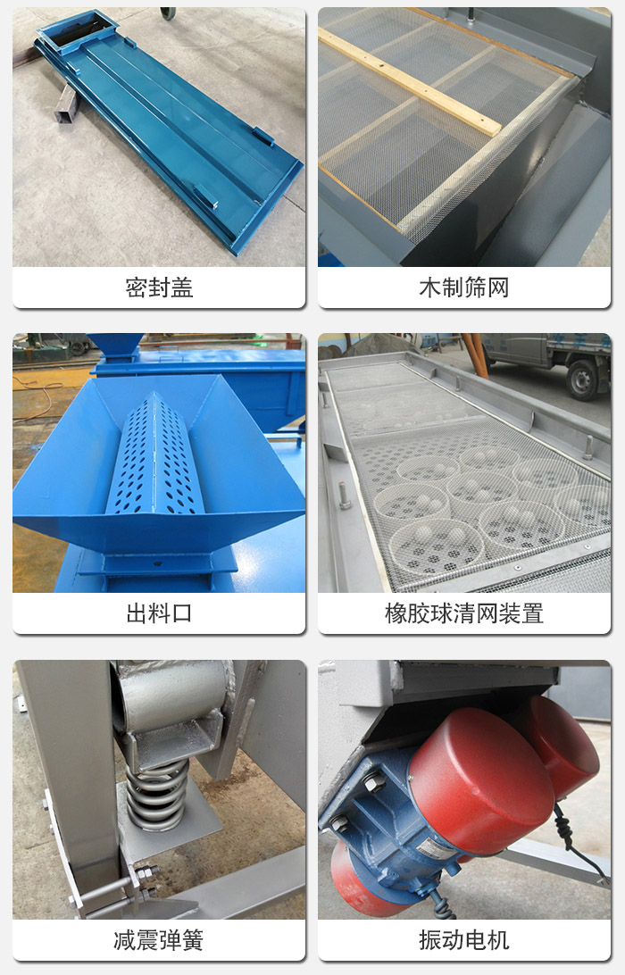 直線篩分機(jī)的結(jié)構(gòu)展示圖：篩箱是物料主要篩分設(shè)備之一，篩網(wǎng)用于篩分物料，振動(dòng)電機(jī)幫助篩網(wǎng)篩分。