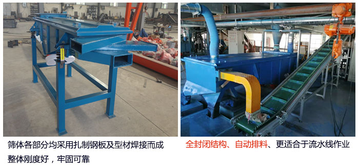 直線篩分機(jī)篩體各部分均采用扎制鋼板及型材焊接而成整體剛度好，牢固可靠；全封閉結(jié)構(gòu)、自動(dòng)排料、更適合于流水線作業(yè)。