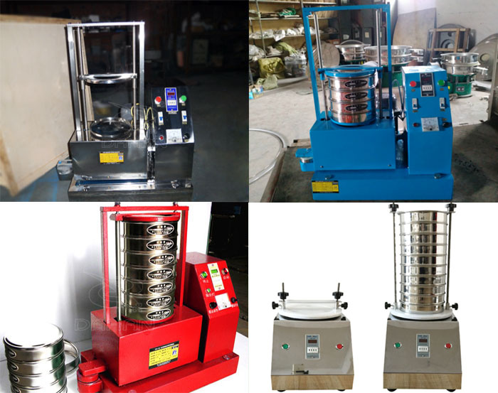 三種不同類型的試驗(yàn)篩，區(qū)別控制臺在下部或在右側(cè)。材質(zhì)為不銹鋼和碳鋼兩種，碳鋼材質(zhì)做了噴漆有：紅色和藍(lán)色兩種。