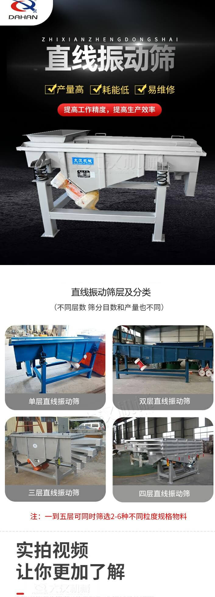 直線振動篩概述，產(chǎn)量高，耗能低，易維修，提高工作精度，提高生產(chǎn)效率，直線振動篩層級分類：不同層數(shù)，篩分目數(shù)和產(chǎn)量也不同：單層，雙層，三層，四層等。
