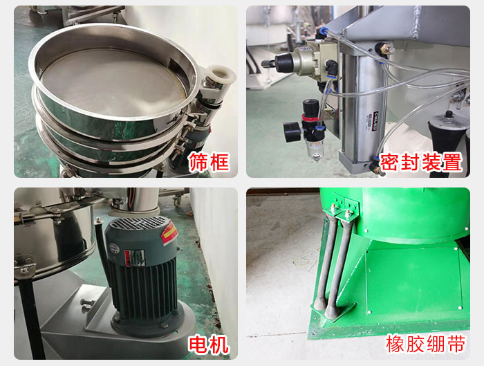 搖擺篩結(jié)構(gòu)：電機(jī)，橡膠繃帶，篩框，密封裝置等。
