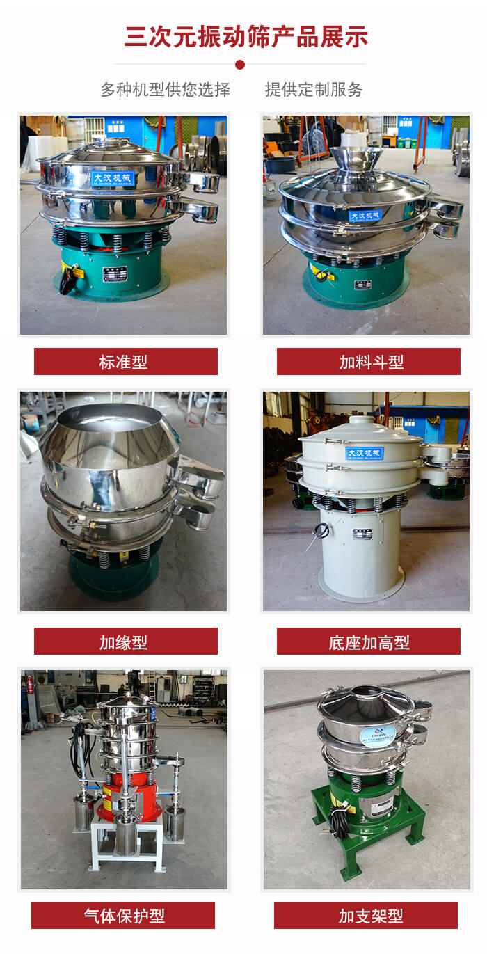 三次元振動篩不同結(jié)構(gòu)展示：標(biāo)準(zhǔn)型，加料斗型，加緣型，底座加高型，氣體保護(hù)型，加支架型。